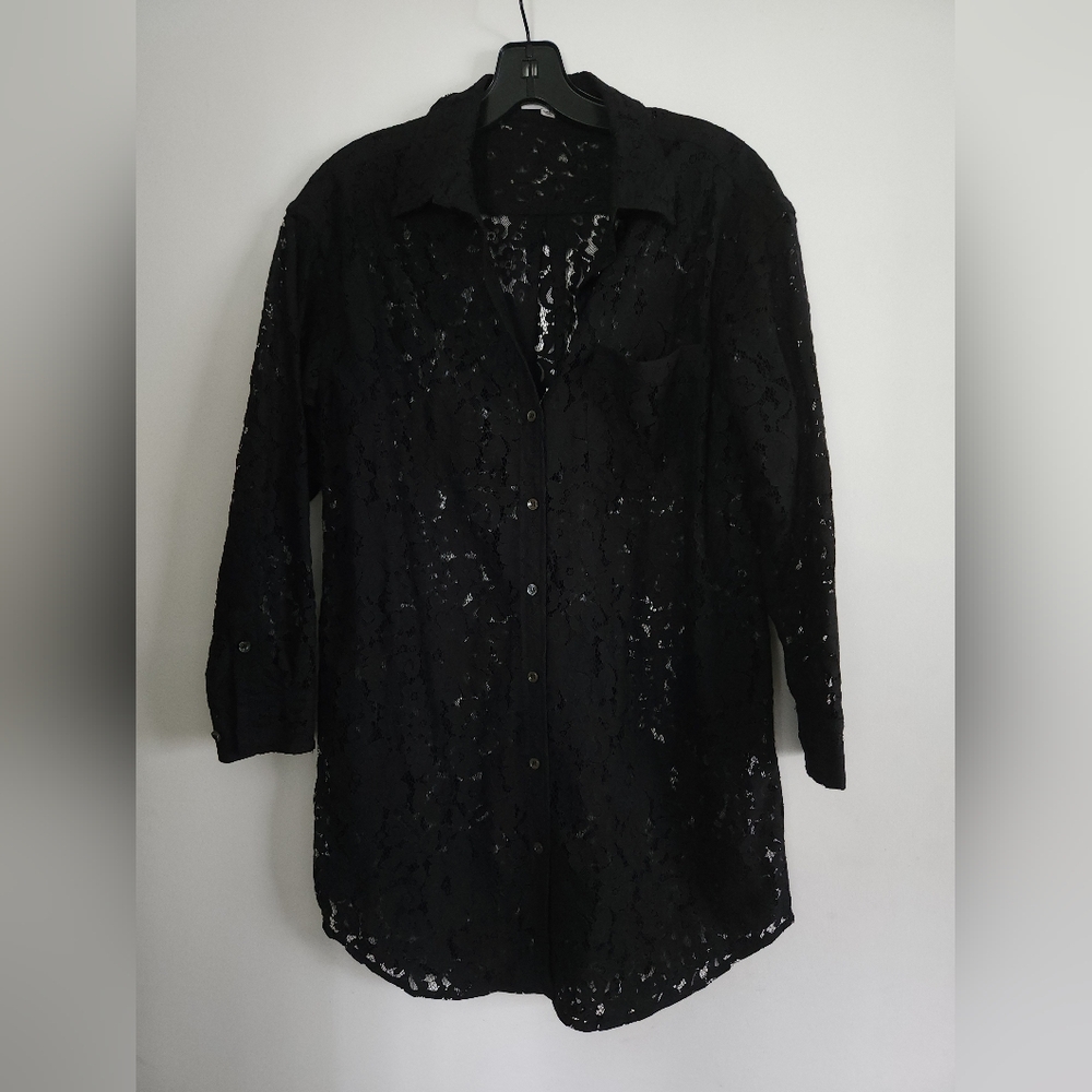 Equipment Femme Blouse Womens Sheer Lace Collared Button Up Black Size XS Top